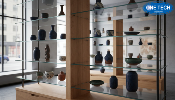 Thiết kế kệ gỗ và kệ kính tối ưu thao tác lấy và đặt đồ gốm sứ