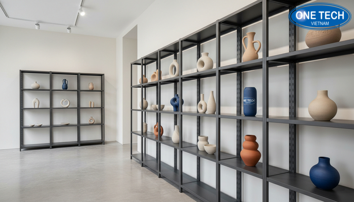 Thiết kế kệ trưng bày gốm sứ hiện đại tối giản cho không gian sang