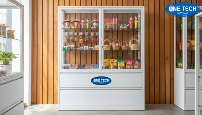 Tủ kệ cửa kính và ngăn kéo giúp trưng bày và lưu trữ đồ lưu niệm gọn gàng