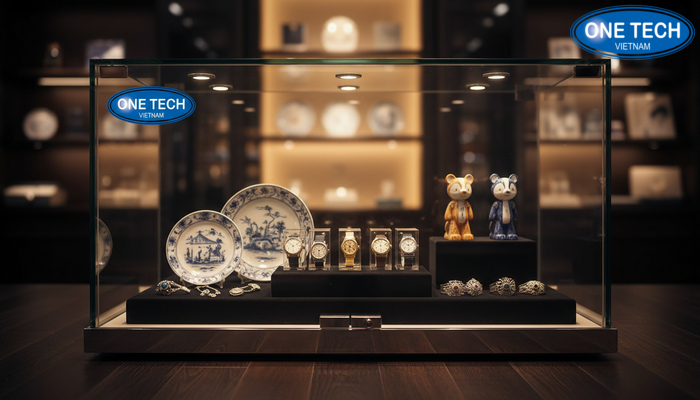 Tủ kính cường lực trưng bày đồ lưu niệm nhỏ, quý, chống bụi