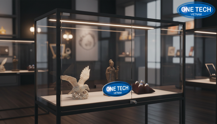 Tủ kính trưng bày đồ lưu niệm kết hợp đèn LED tôn chi tiết sản phẩm