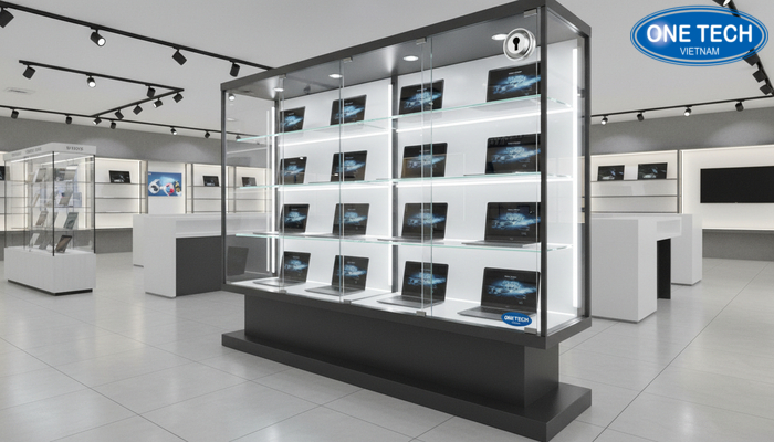 Tủ kính trưng bày laptop có đèn LED và khóa bảo vệ