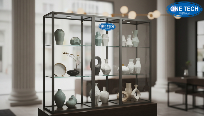 Tủ kính nhiều ngăn trưng bày gốm sứ an toàn, hạn chế bụi