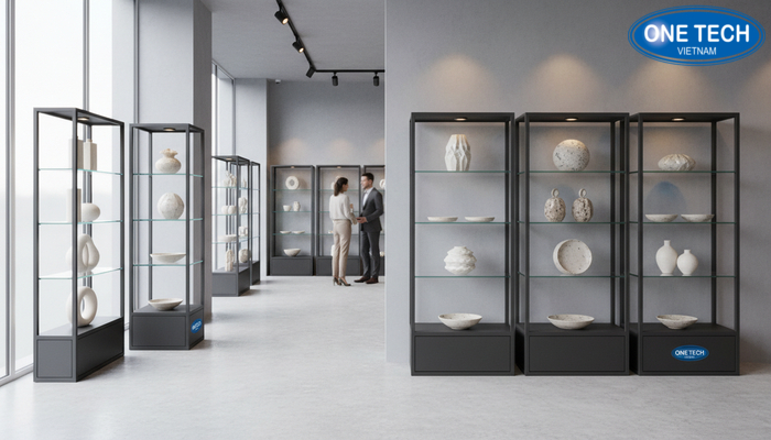 Ví dụ ứng dụng kích thước kệ cho không gian nhỏ và showroom lớn