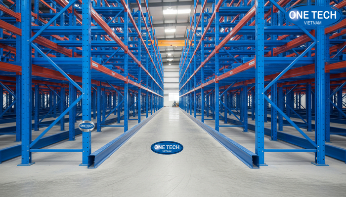 Chi tiet khung cot ray do pallet va ray dan huong xe nang trong he thong ke drive in