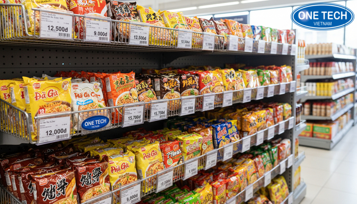 Bảng giá và cốc đựng tem nhãn gắn kệ rổ mì giúp trưng bày chuyên nghiệp