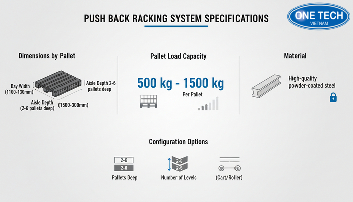Bảng thông số kỹ thuật kệ Push Back tham khảo theo pallet và tải trọng