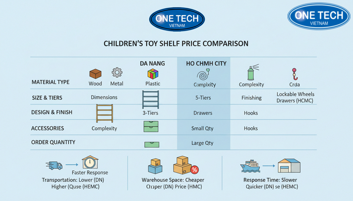 Biểu đồ so sánh yếu tố hình thành giá kệ trưng bày đồ chơi trẻ em tại Đà Nẵng và TP.HCM