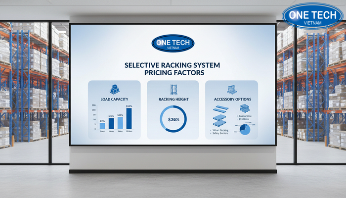 Yếu tố ảnh hưởng giá kệ selective Biểu đồ các yếu tố ảnh hưởng giá kệ selective như tải trọng, chiều cao, phụ kiện