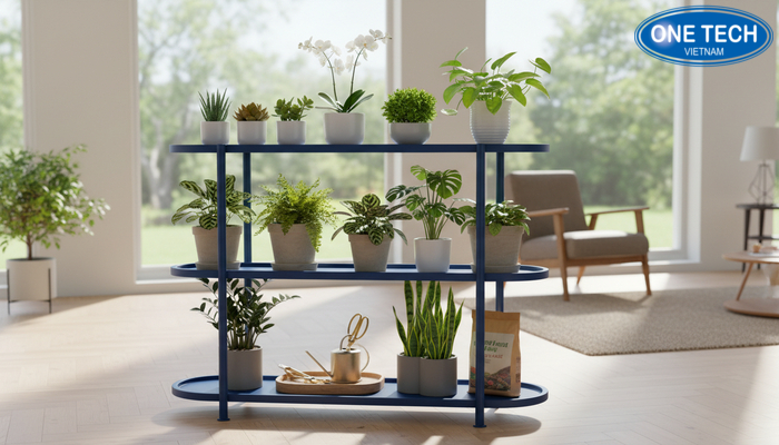 Bố trí cây theo tầng trên kệ trưng bày cây cảnh để tối ưu ánh sáng