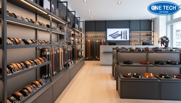 Bố trí kệ trưng bày thắt lưng cho cửa hàng diện tích vừa, lối đi thoáng