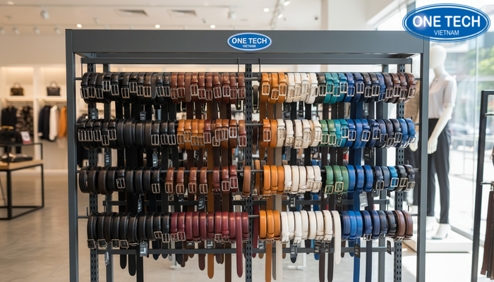 Bố trí thắt lưng theo màu sắc và kích cỡ trên kệ treo móc