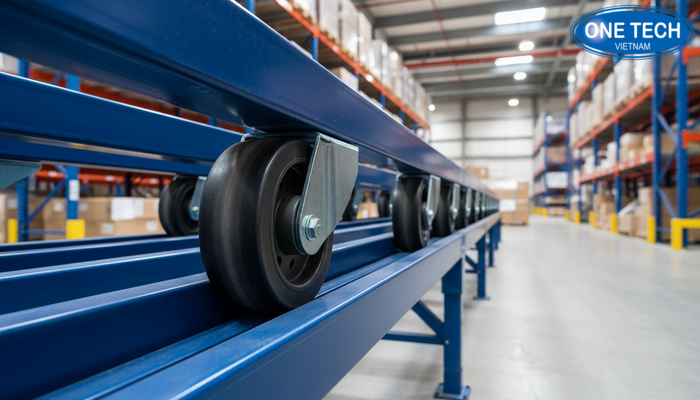 Cận cảnh ray đẩy và bánh xe con lăn của kệ Push Back