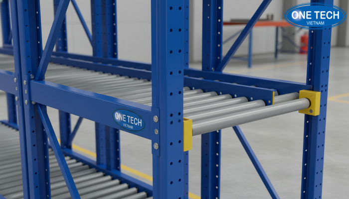 Cấu tạo kệ con lăn chi tiết Ảnh chi tiết cấu tạo kệ con lăn gồm khung, băng con lăn, rãnh dẫn