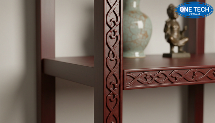 Họa tiết và lớp phủ kệ trưng bày đồ cổ Cận cảnh họa tiết chạm khắc và lớp phủ bảo vệ của kệ trưng bày đồ cổ