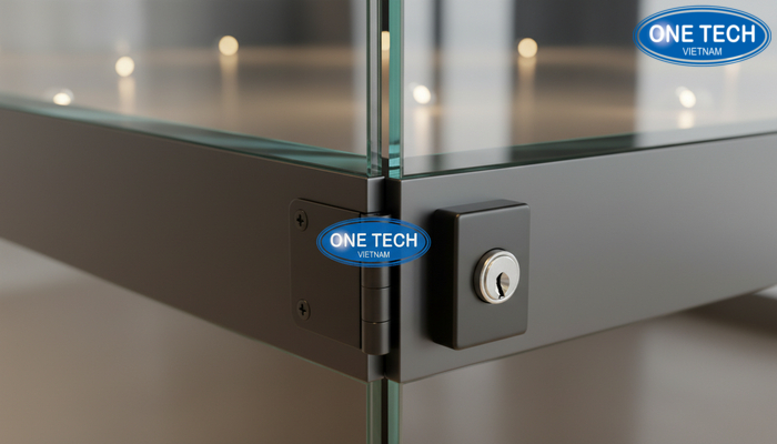 Chi tiết kính cường lực bản lề khóa tủ trưng bày cúp Cận cảnh kính cường lực, bản lề và khóa của tủ trưng bày cúp