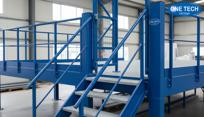 Chi tiết lan can, cầu thang và cổng xuất nhập pallet trên kệ sàn Mezzanine