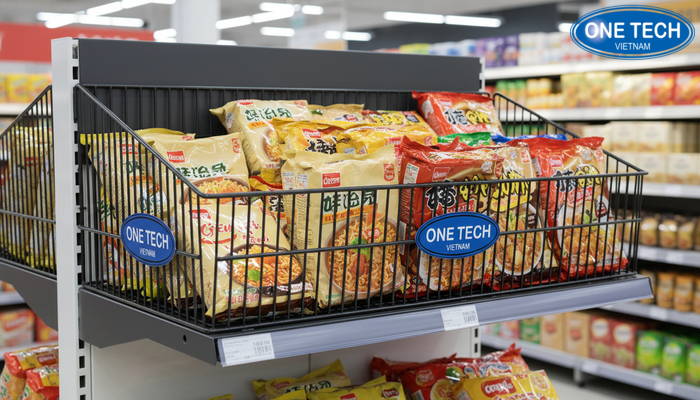 Cận cảnh rổ lưới và khung kệ rổ mì giúp trưng bày mì tôm chắc chắn