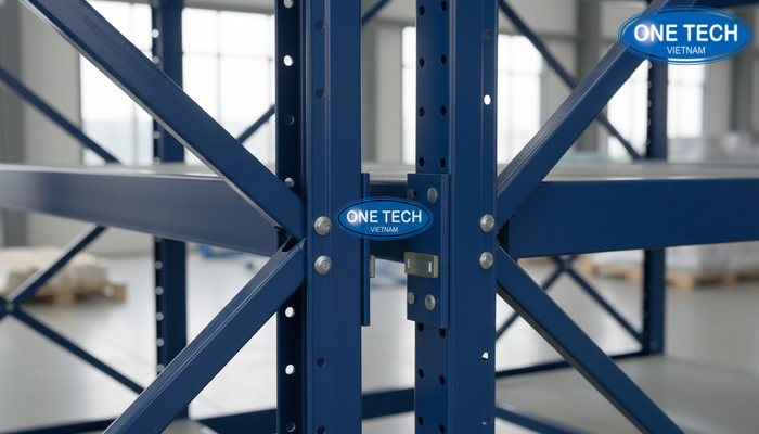 Cận cảnh lớp sơn tĩnh điện và chi tiết liên kết của kệ Push Back