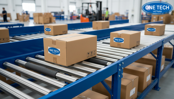 Chống kẹt và kiểm soát tốc độ kệ con lăn Minh họa cơ chế chống kẹt và giảm tốc cho kệ con lăn