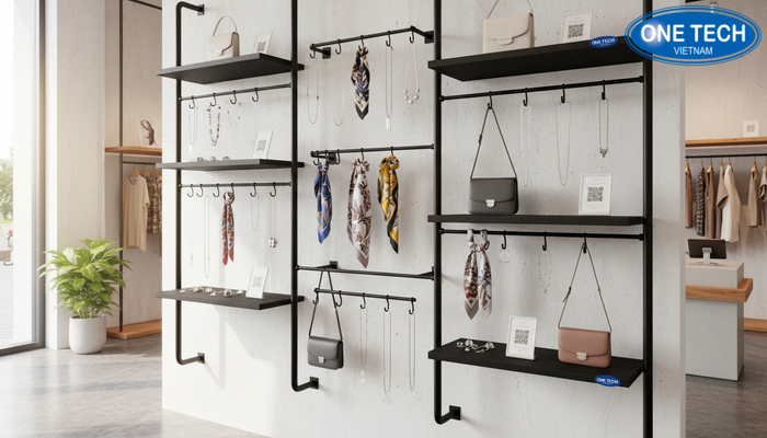 Ý tưởng trưng bày bằng kệ móc treo phụ kiện Cửa hàng ứng dụng kệ móc treo phụ kiện với bố cục sáng tạo