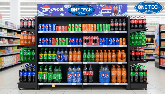 Decal chất lượng cao cho kệ quảng cáo Pepsi, Coca Decal chất lượng cao trên kệ quảng cáo nước giải khát