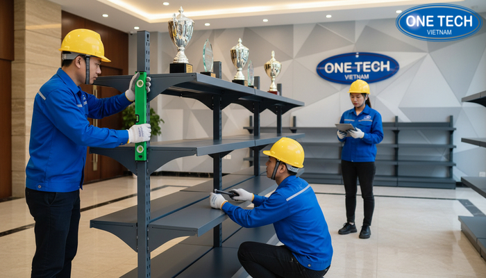 Lắp đặt kệ trưng bày cúp chuyên nghiệp Đội ngũ lắp đặt kệ trưng bày cúp kiểm tra cân chỉnh và an toàn