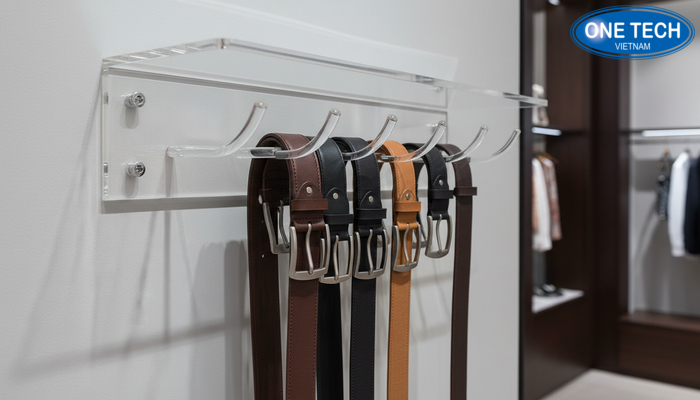 Gia công kệ mica trưng bày thắt lưng theo kích thước và số lượng móc