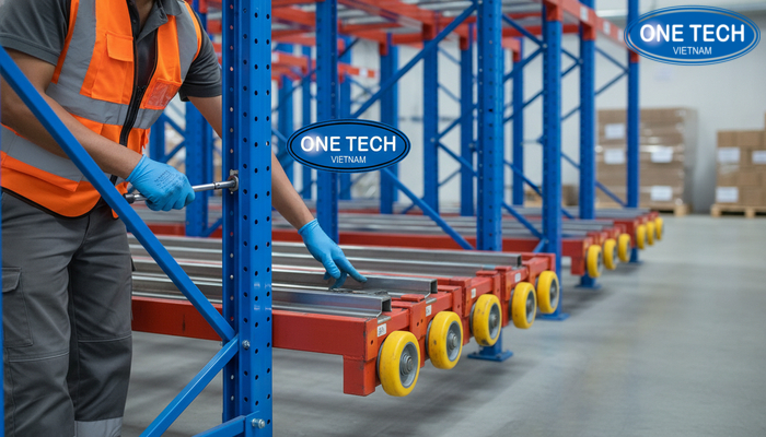 Minh họa các bước bảo trì kệ Push Back gồm kiểm tra bulong, ray và bánh xe