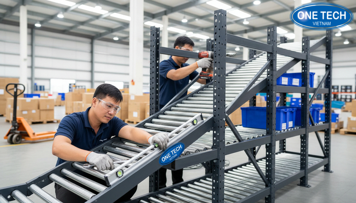 Hướng dẫn lắp đặt kệ con lăn Minh họa các bước lắp đặt kệ con lăn và căn chỉnh độ dốc