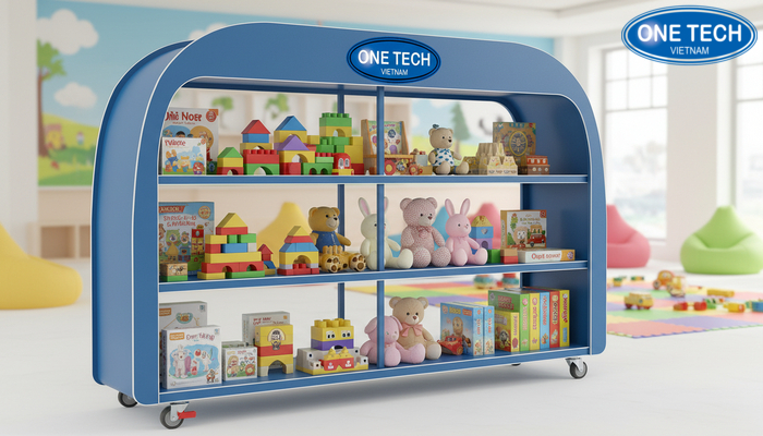Kệ trưng bày đồ chơi trẻ em có bánh xe, dễ di chuyển và khóa an toàn