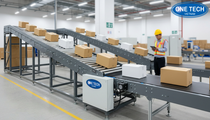 Kệ con lăn tích hợp băng tải Kệ con lăn tích hợp băng tải cho khu đóng gói và phân loại