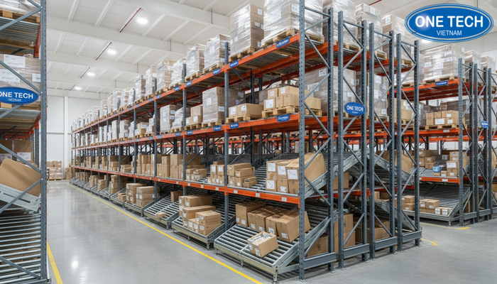 Kệ con lăn kết hợp kệ pallet Kệ con lăn tích hợp kệ pallet trong kho công nghiệp