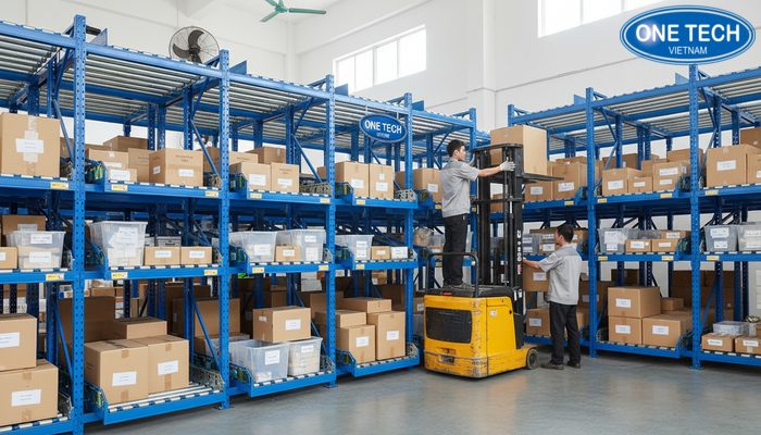 Kệ con lăn trong kho công nghiệp Đà Nẵng Hình ảnh kệ con lăn vận hành trong kho công nghiệp tại Đà Nẵng