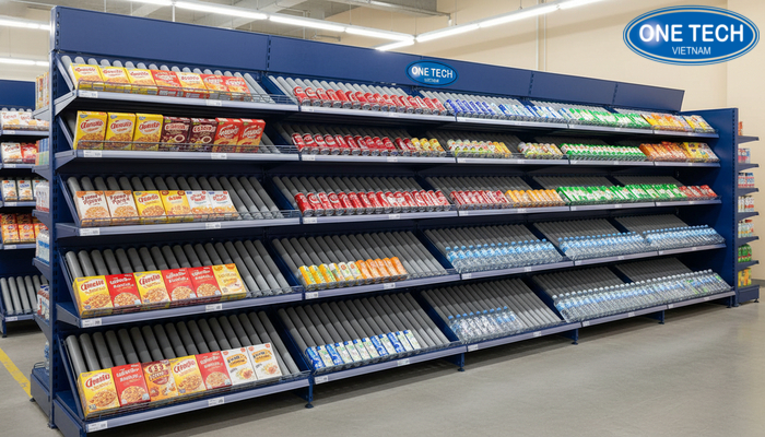 Kệ con lăn trong siêu thị Kệ con lăn trong khu backroom siêu thị giúp luân chuyển hàng theo FIFO