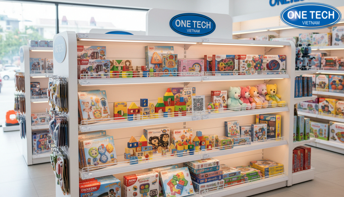 Kệ trưng bày đồ chơi trẻ em tích hợp đèn LED và QR code nâng trải nghiệm