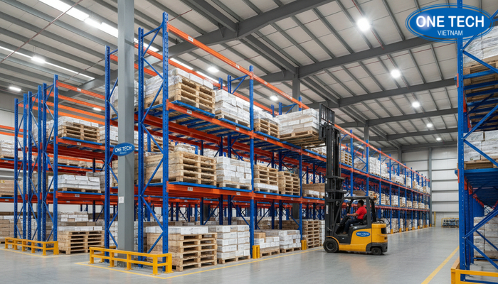 Mo hinh 3D phoi canh he thong ke double deep trong kho