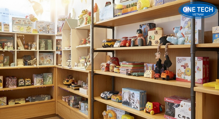 Kệ gỗ công nghiệp trưng bày đồ chơi, màu sắc tươi sáng phù hợp không gian trẻ em