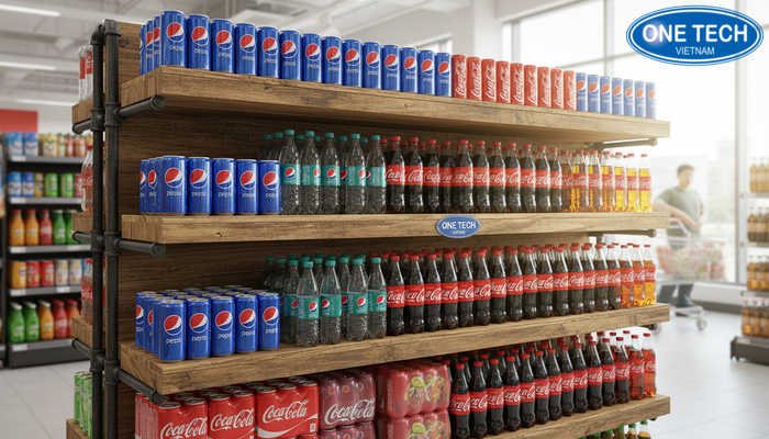 Kệ gỗ công nghiệp trưng bày nước giải khát Mẫu kệ gỗ công nghiệp trưng bày nước giải khát