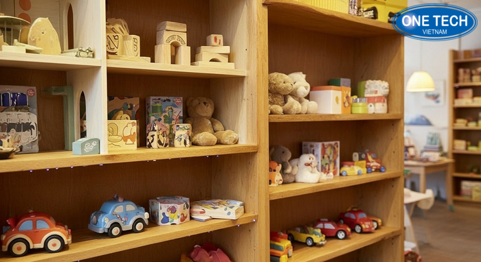 Kệ gỗ tự nhiên trưng bày đồ chơi tạo cảm giác ấm cúng