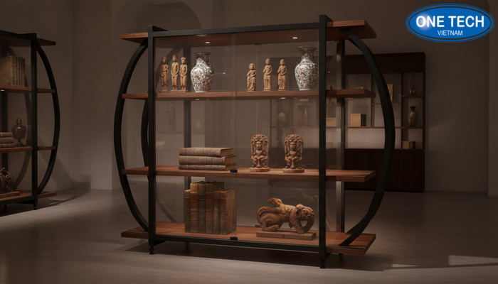Kệ đa năng trưng bày đồ cổ Kệ trưng bày đồ cổ kết hợp gỗ và kính hoặc khung sắt