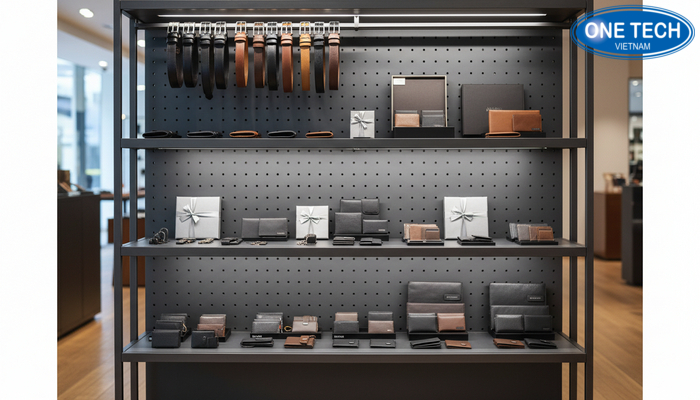 Kệ đa công năng trưng bày thắt lưng kết hợp ví da giúp tối ưu không gian