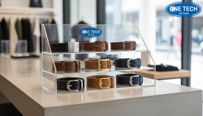 Kệ mica trong suốt trưng bày thắt lưng gọn và dễ quan sát