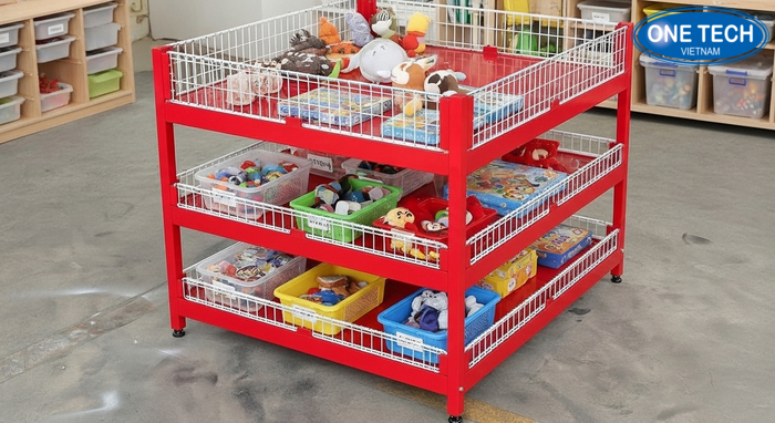 Kệ ô vuông kết hợp hộp nhựa phân loại đồ chơi cho lớp mầm non