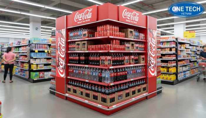 Kệ quảng cáo Coca tông đỏ tại siêu thị Kệ quảng cáo Coca tông đỏ đặt tại siêu thị