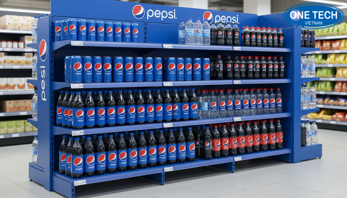 Kệ quảng cáo Pepsi màu xanh dương trưng bày nước ngọt Kệ quảng cáo Pepsi tông xanh dương trưng bày nước ngọt