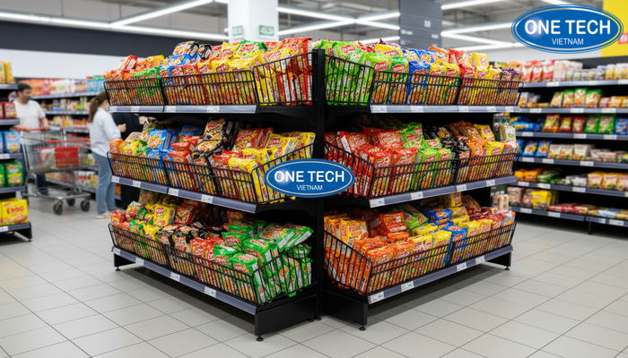 Kệ rổ mì 2 mặt đặt giữa lối đi giúp tăng khả năng trưng bày mì ăn liền
