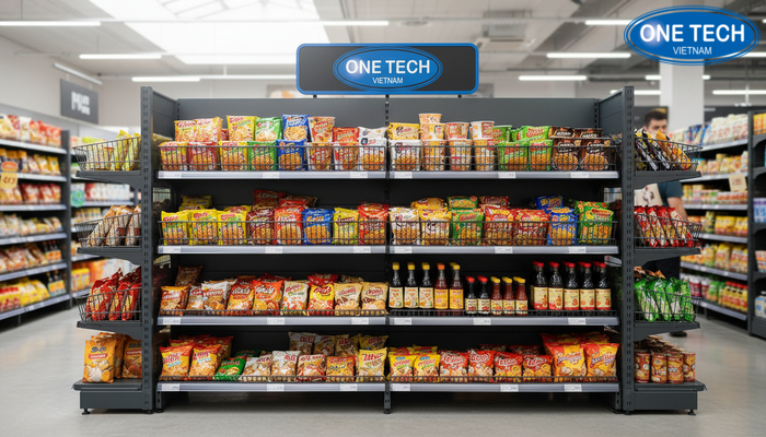 Kệ rổ mì đa năng kết hợp kệ phẳng để trưng bày mì ly và hàng ăn kèm