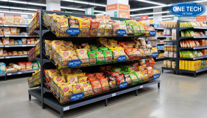 Kệ rổ mì trưng bày mì tôm trong siêu thị gọn gàng, dễ lấy