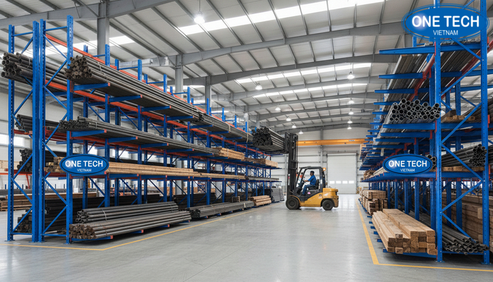 Minh hoa kệ tay đỡ lưu trữ hàng dài trong kho